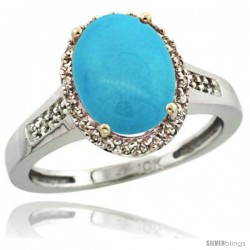 10k White Gold Diamond Sleeping Beauty Turquoise Ring 2.4 ct Oval Stone 10x8 mm, 1/2 in wide