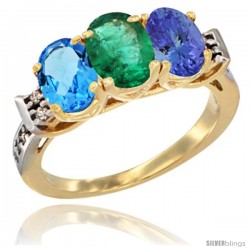 10K Yellow Gold Natural Swiss Blue Topaz, Emerald & Tanzanite Ring 3-Stone Oval 7x5 mm Diamond Accent