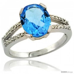 Sterling Silver and Diamond Halo Natural Swiss Blue Topaz Ring 2.4 carat Oval shape 10X8 mm, 3/8 in (10mm) wide