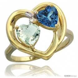 14k Yellow Gold 2-Stone Heart Ring 6mm Natural Green Amethyst & London Blue Topaz Diamond Accent, Diamond Accent