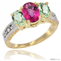 14k Yellow Gold Ladies Oval Natural Pink Topaz 3-Stone Ring with Green Amethyst Sides Diamond Accent