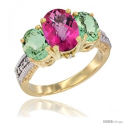 14K Yellow Gold Ladies 3-Stone Oval Natural Pink Topaz Ring with Green Amethyst Sides Diamond Accent