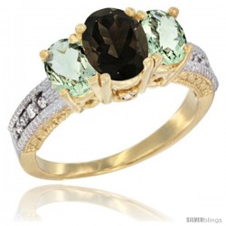 14k Yellow Gold Ladies Oval Natural Smoky Topaz 3-Stone Ring with Green Amethyst Sides Diamond Accent