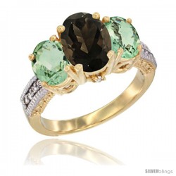 14K Yellow Gold Ladies 3-Stone Oval Natural Smoky Topaz Ring with Green Amethyst Sides Diamond Accent