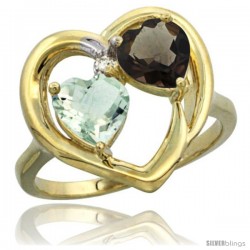 14k Yellow Gold 2-Stone Heart Ring 6mm Natural Green Amethyst & Smoky Topaz Diamond Accent, Diamond Accent