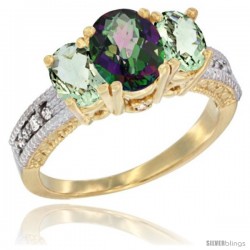 14k Yellow Gold Ladies Oval Natural Mystic Topaz 3-Stone Ring with Green Amethyst Sides Diamond Accent