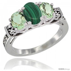 14K White Gold Natural Malachite & Green Amethyst Ring 3-Stone Oval with Diamond Accent