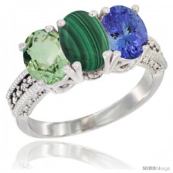 14K White Gold Natural Green Amethyst, Malachite & Tanzanite Ring 3-Stone 7x5 mm Oval Diamond Accent