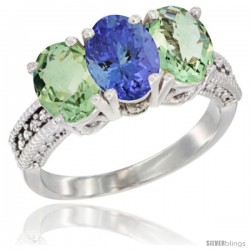 14K White Gold Natural Tanzanite & Green Amethyst Sides Ring 3-Stone 7x5 mm Oval Diamond Accent