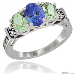 14K White Gold Natural Tanzanite & Green Amethyst Ring 3-Stone Oval with Diamond Accent