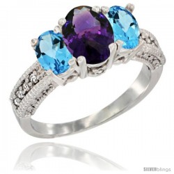 14k White Gold Ladies Oval Natural Amethyst 3-Stone Ring with Swiss Blue Topaz Sides Diamond Accent