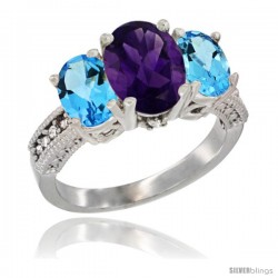 14K White Gold Ladies 3-Stone Oval Natural Amethyst Ring with Swiss Blue Topaz Sides Diamond Accent