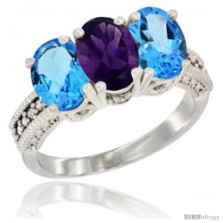 14K White Gold Natural Amethyst & Swiss Blue Topaz Sides Ring 3-Stone 7x5 mm Oval Diamond Accent