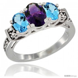 14K White Gold Natural Amethyst & Swiss Blue Topaz Ring 3-Stone Oval with Diamond Accent