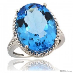 Sterling Silver Diamond Natural Swiss Blue Topaz Ring 13.56 Carat Oval Shape 18x13 mm, 3/4 in (20mm) wide