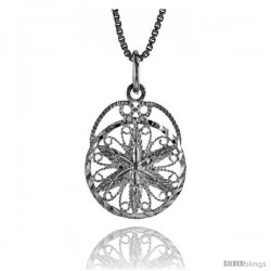 Sterling Silver Round Floral Filigree Pendant, 3/4 in tall