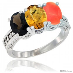 10K White Gold Natural Smoky Topaz, Whisky Quartz & Coral Ring 3-Stone Oval 7x5 mm Diamond Accent