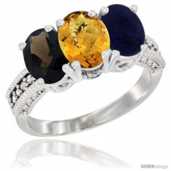 10K White Gold Natural Smoky Topaz, Whisky Quartz & Lapis Ring 3-Stone Oval 7x5 mm Diamond Accent