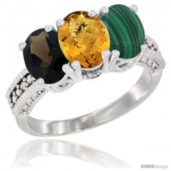 10K White Gold Natural Smoky Topaz, Whisky Quartz & Malachite Ring 3-Stone Oval 7x5 mm Diamond Accent