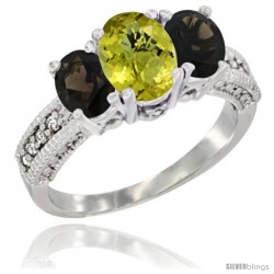 10K White Gold Ladies Oval Natural Lemon Quartz 3-Stone Ring with Smoky Topaz Sides Diamond Accent