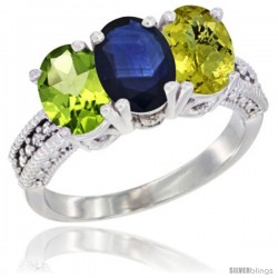 14K White Gold Natural Peridot, Blue Sapphire & Lemon Quartz Ring 3-Stone Oval 7x5 mm Diamond Accent