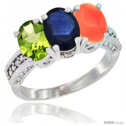 14K White Gold Natural Peridot, Blue Sapphire & Coral Ring 3-Stone Oval 7x5 mm Diamond Accent