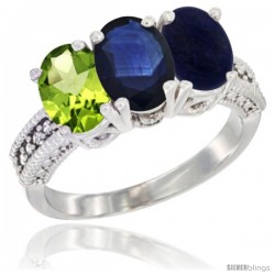 14K White Gold Natural Peridot, Blue Sapphire & Lapis Ring 3-Stone Oval 7x5 mm Diamond Accent