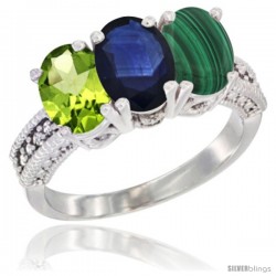 14K White Gold Natural Peridot, Blue Sapphire & Malachite Ring 3-Stone Oval 7x5 mm Diamond Accent