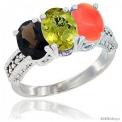 10K White Gold Natural Smoky Topaz, Lemon Quartz & Coral Ring 3-Stone Oval 7x5 mm Diamond Accent