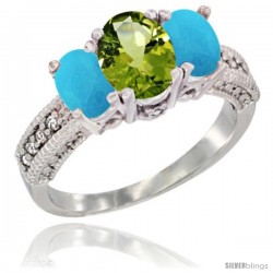 10K White Gold Ladies Oval Natural Peridot 3-Stone Ring with Turquoise Sides Diamond Accent