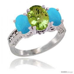 10K White Gold Ladies Natural Peridot Oval 3 Stone Ring with Turquoise Sides Diamond Accent