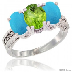 10K White Gold Natural Peridot & Turquoise Ring 3-Stone Oval 7x5 mm Diamond Accent