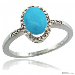 10k White Gold Diamond Sleeping Beauty Turquoise Ring 1.17 ct Oval Stone 8x6 mm, 3/8 in wide