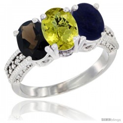 10K White Gold Natural Smoky Topaz, Lemon Quartz & Lapis Ring 3-Stone Oval 7x5 mm Diamond Accent