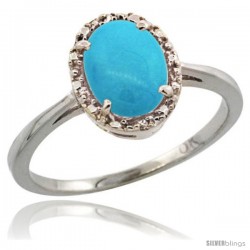 10k White Gold Diamond Halo Turquoise Ring 1.2 ct Oval Stone 8x6 mm, 1/2 in wide