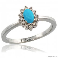 10k White Gold Diamond Halo Turquoise Ring 0.25 ct Oval Stone 5x3 mm, 5/16 in wide