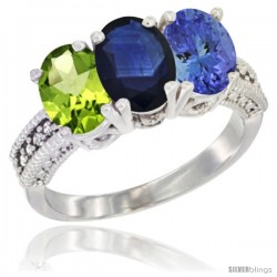 14K White Gold Natural Peridot, Blue Sapphire & Tanzanite Ring 3-Stone Oval 7x5 mm Diamond Accent