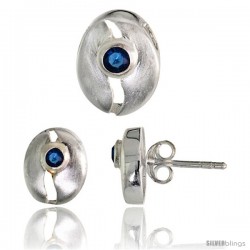 Sterling Silver Matte-finish Cracked Egg Style Earrings (10mm tall) & Pendant Slide (11mm tall) Set, w/ Brilliant Cut Blue