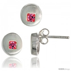 Sterling Silver Matte-finish Round-shaped Earrings (7 mm) & Pendant Slide (8 mm) Set, w/ Princess Cut Pink Tourmaline-colored