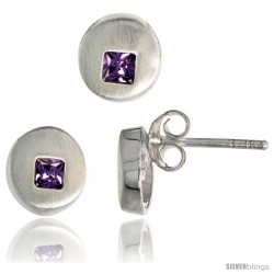 Sterling Silver Matte-finish Round-shaped Earrings (7 mm) & Pendant Slide (8 mm) Set, w/ Princess Cut Amethyst-colored CZ Stones