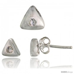 Sterling Silver Matte-finish Triangular Earrings (6mm tall) & Pendant Slide (7mm tall) Set, w/ Brilliant Cut CZ Stones
