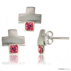 Sterling Silver Matte-finish Greek Cross Earrings (10mm tall) & Pendant Slide (10mm tall) Set, w/ Princess Cut Pink