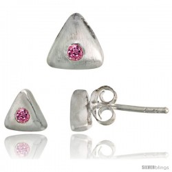 Sterling Silver Matte-finish Triangular Earrings (6mm tall) & Pendant Slide (7mm tall) Set, w/ Brilliant Cut Pink