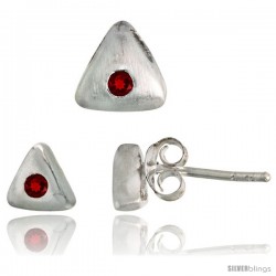 Sterling Silver Matte-finish Triangular Earrings (6mm tall) & Pendant Slide (7mm tall) Set, w/ Brilliant Cut Ruby-colored CZ
