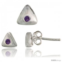 Sterling Silver Matte-finish Triangular Earrings (6mm tall) & Pendant Slide (7mm tall) Set, w/ Brilliant Cut Amethyst-colored