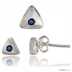 Sterling Silver Matte-finish Triangular Earrings (6mm tall) & Pendant Slide (7mm tall) Set, w/ Brilliant Cut Blue