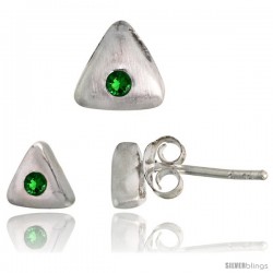 Sterling Silver Matte-finish Triangular Earrings (6mm tall) & Pendant Slide (7mm tall) Set, w/ Brilliant Cut Emerald-colored CZ