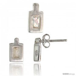 Sterling Silver Matte-finish Rectangular Earrings (9mm tall) & Pendant (11mm tall) Set, w/ Emerald Cut CZ Stones