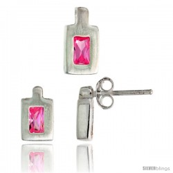 Sterling Silver Matte-finish Rectangular Earrings (9mm tall) & Pendant (11mm tall) Set, w/ Emerald Cut Pink Tourmaline-colored