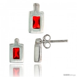 Sterling Silver Matte-finish Rectangular Earrings (9mm tall) & Pendant (11mm tall) Set, w/ Emerald Cut Ruby-colored CZ Stones